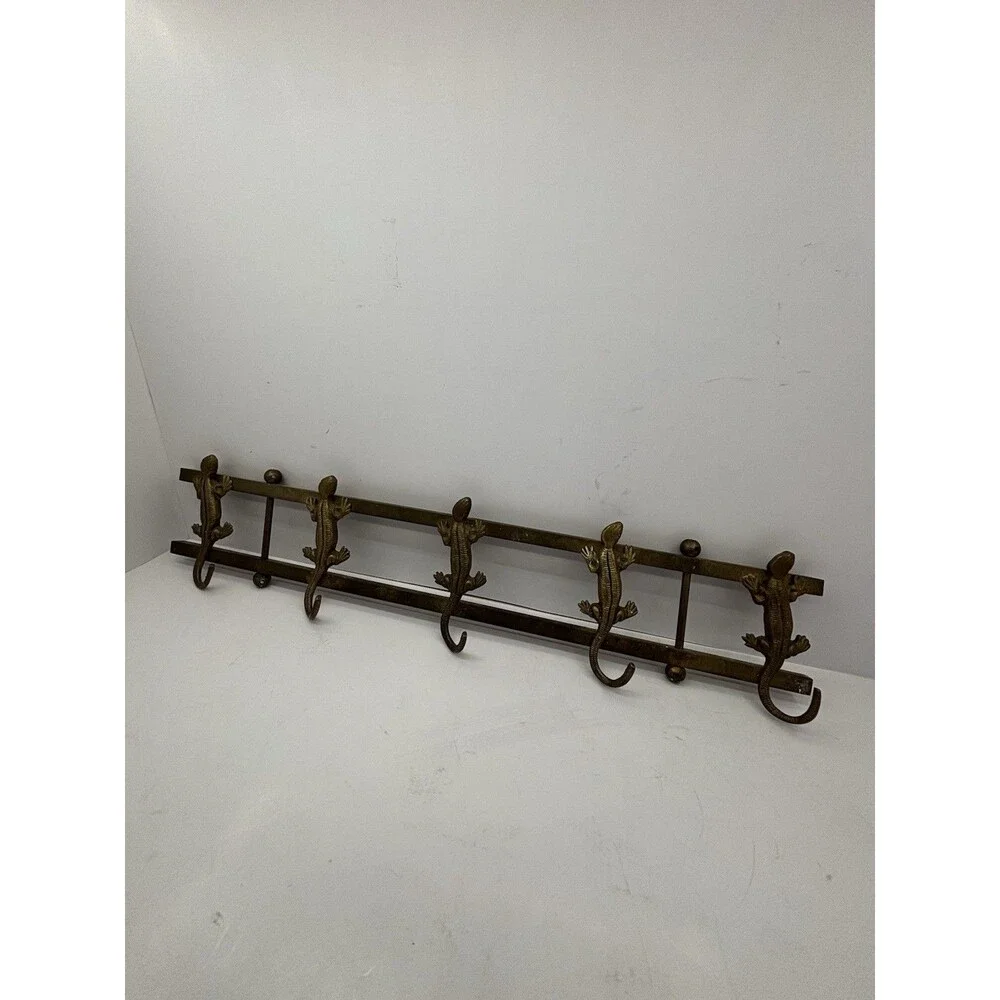 Vintage Solid Brass 5-Hook Lizard Gecko Wall Rack Coat Key Towel Hanger Boho 22